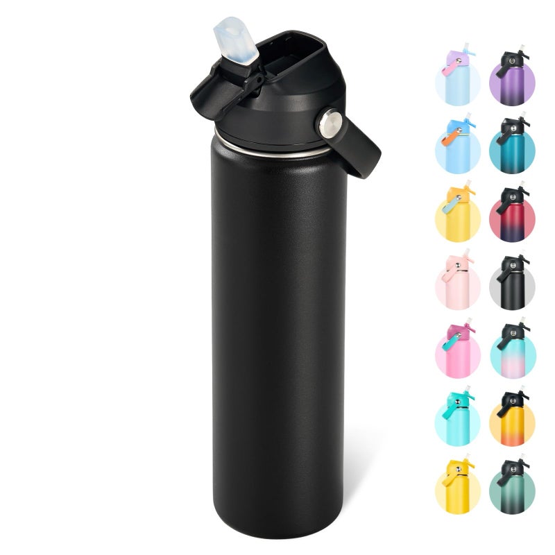 Fijinhom 24oz Insulated Stainless Steel Water Bottle, Wide Mouth Double Wall Vacuum, Silicone Straw, Sweat & Leak Proof, BPA Free Insulated Water Flask for Travel, Keep Cold 24h Hot 12h, Black - Image 1