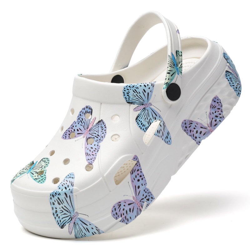 SECHRITE Womens Platform Graphic Clogs Garden Shoes Slip On Sandals Water Beach Outdoor Slippers Shoes Classic Waterproof Comfy NonSlip Clogs White Butterfly Print 36