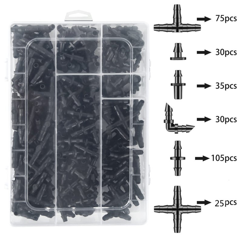 Unoutur 300 Pcs Barbed Connectors Drip Irrigation Fittings Kit, 1/4" Drip Irrigation Kit for Garden Flower Pot Greenhouse Lawn (Straight Barbs,Single Barbs,Tees,Elbows,End Plug,4-Way Coupling) - Image 3