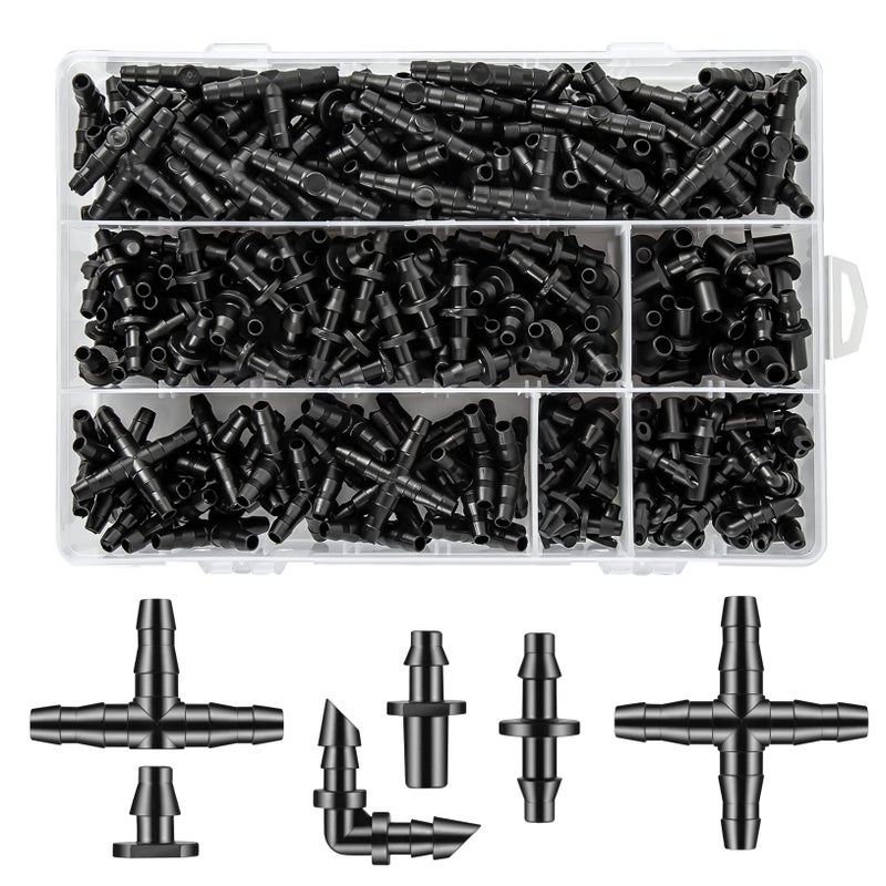 Unoutur 300 Pcs Barbed Connectors Drip Irrigation Fittings Kit, 1/4" Drip Irrigation Kit for Garden Flower Pot Greenhouse Lawn (Straight Barbs,Single Barbs,Tees,Elbows,End Plug,4-Way Coupling) - Image 1