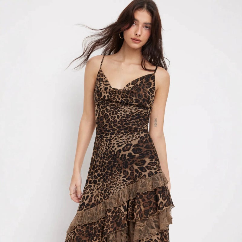 Women's Leopard Print Halter Neck Sleeveless A-Line Mesh Dress - Image 3