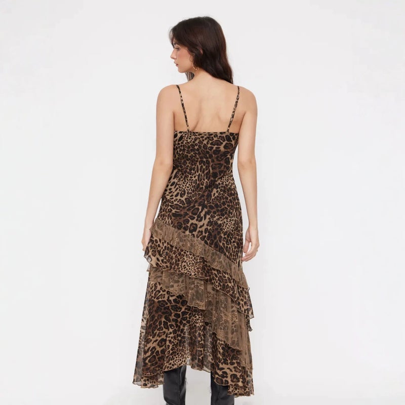 Women's Leopard Print Halter Neck Sleeveless A-Line Mesh Dress - Image 2