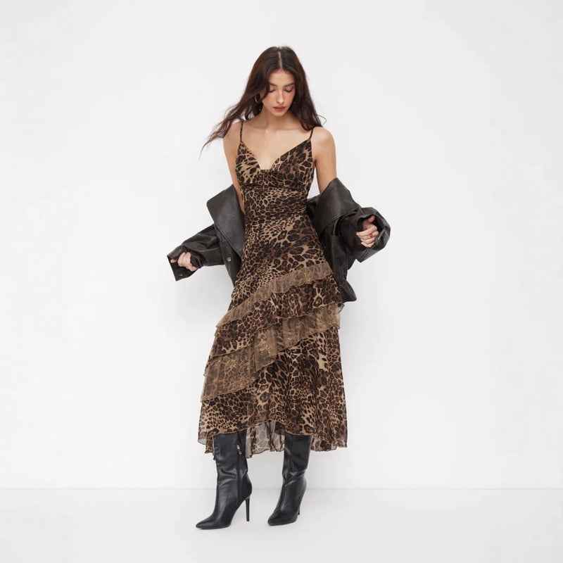 Women's Leopard Print Halter Neck Sleeveless A-Line Mesh Dress - Image 1