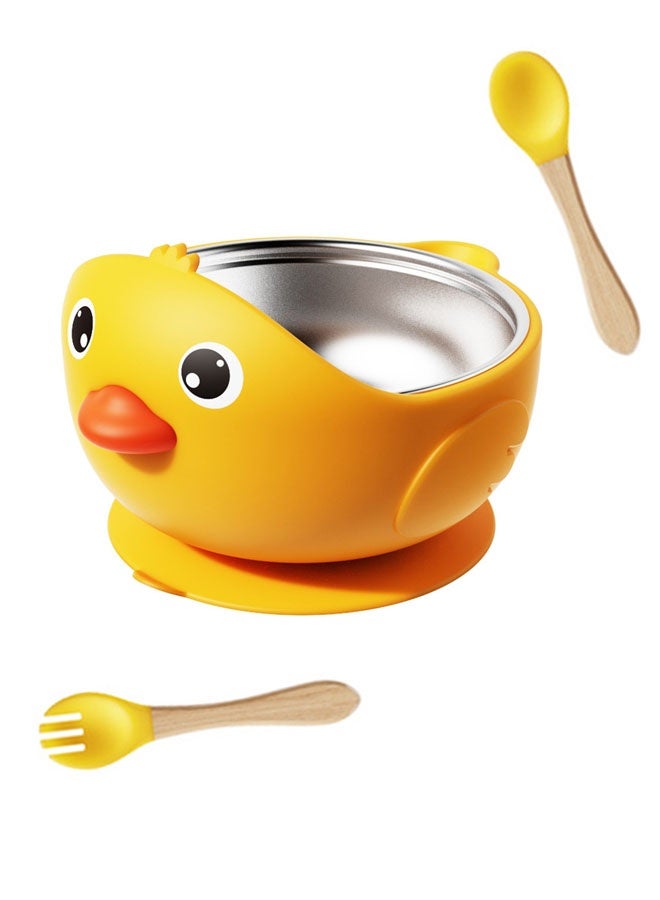 3 Pieces Silicone Baby Feeding Set, Cute Duck Baby Tableware Set, Embedded Detachable 316 Stainless Steel Bowl with Suction, Spoon and Fork - Image 1