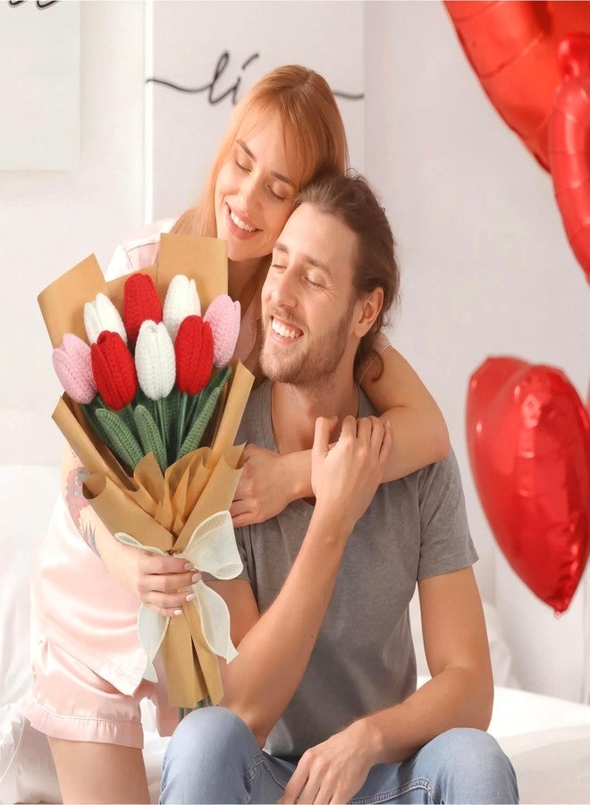 Maysing Valentine's Day Crochet Tulip Bouquet Valentines Handmade Knitted Red Tulip Bouquets for Valentine's Day Birthday Gift Wedding Anniversary Decor - Image 5