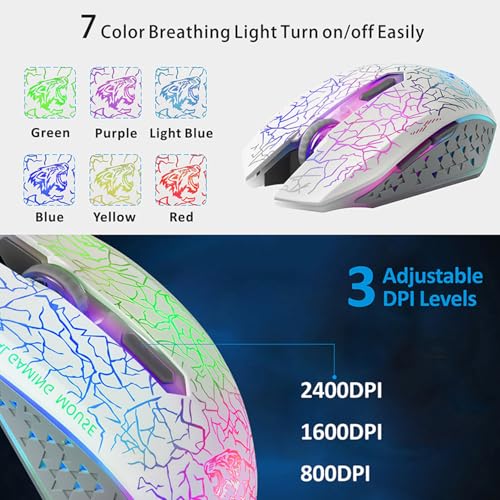 TENMOS M2 Wireless Gaming Mouse, Silent Rechargeable Optical USB Computer Mice Wireless with 7 Color LED Light, Ergonomic Design, 3 Adjustable DPI for Laptop/PC/Notebook, 6 Buttons (White) - Image 3