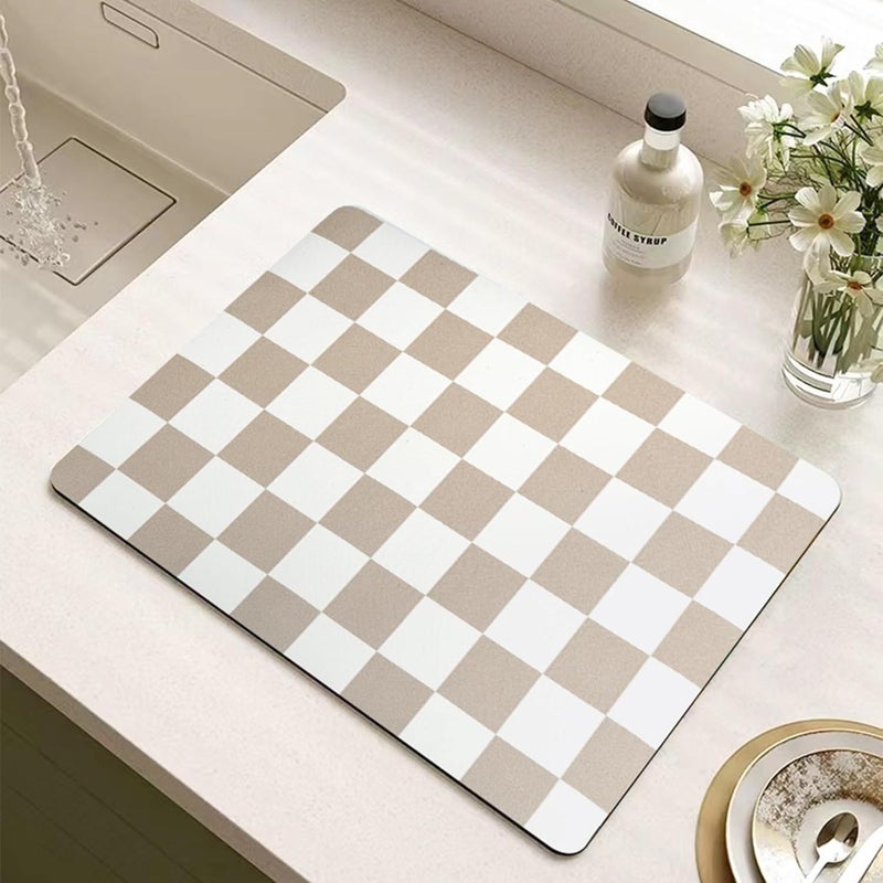 Tinideya Checkered Dish Drying Mat for Kitchen Counter Vintage Buffalo Dish Pad Absorbent Coffee Mat Kitchen Drying Mat for Kitchen Coffee Bar Easy Clean (Beige, 12 x 16 Inches) - Image 1