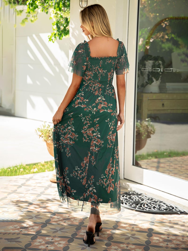 Simplee Womens Floral Maxi Dresses 2026 Summer Smocked Empire Waist Square Neck Short Sleeve Mesh A Line Flowy Dress - Image 3
