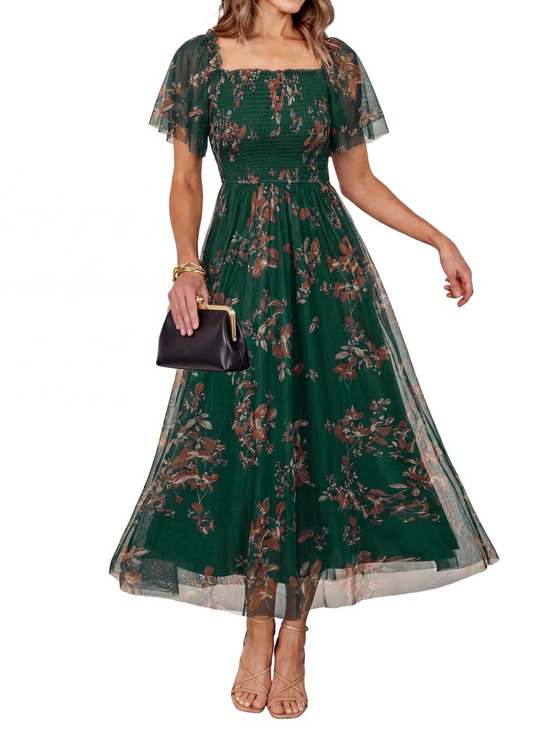 Simplee Womens Floral Maxi Dresses 2026 Summer Smocked Empire Waist Square Neck Short Sleeve Mesh A Line Flowy Dress - Image 1