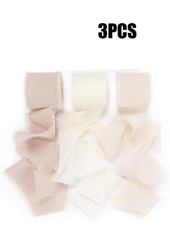 واي جيه 3 لفات اليدوية هامش الشيفون الحرير الشريط 1 1/2 بوصة × 7 ياردة عارية & الأبيض مجموعة لدعوات الزفاف باقات الزفاف تغليف الهدايا عطلة ديكور 4 سم * 5 م - Image 1