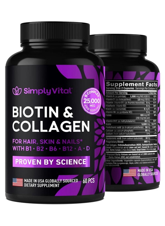 SimplyVital Biotin Vitamins For Hair Skin & Nails Biotin 5000Mcg Keratin & Collagen Hair Growth Supplement With Marine Collagen Peptides & B Complex Hair Supplement For Women & Men Made In Usa 60 Caps  - Image 2