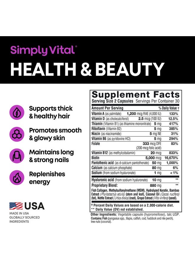 SimplyVital Biotin Vitamins For Hair Skin & Nails Biotin 5000Mcg Keratin & Collagen Hair Growth Supplement With Marine Collagen Peptides & B Complex Hair Supplement For Women & Men Made In Usa 60 Caps  - Image 3