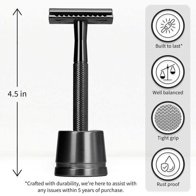 Bambaw Double Edge Safety Razor with 5 Safety Razor Blades, Single Blade Razor for Men with Razor Stand, Double Edge Razor, Safety Razors for Men - Black - Image 2