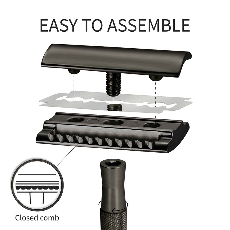 Bambaw Double Edge Safety Razor with 5 Safety Razor Blades, Single Blade Razor for Men with Razor Stand, Double Edge Razor, Safety Razors for Men - Black - Image 3