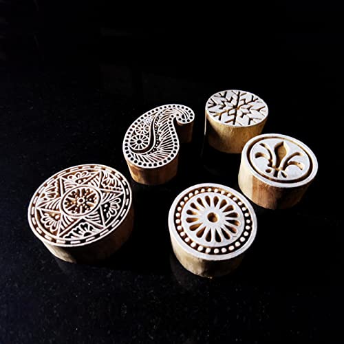 ecofynd Round Wood Block Stamps (Pack of 5), Wooden Blocks for Block Printing Stamp Set, Artistic Shapes Craft Kids Saree Border DIY Henna Fabric Textile Paper Clay Pottery Hand-Carved (BLOCK013) - Image 4