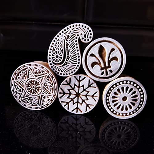 ecofynd Round Wood Block Stamps (Pack of 5), Wooden Blocks for Block Printing Stamp Set, Artistic Shapes Craft Kids Saree Border DIY Henna Fabric Textile Paper Clay Pottery Hand-Carved (BLOCK013) - Image 1