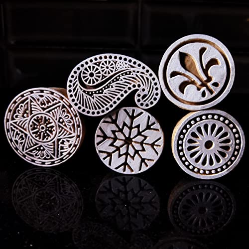 ecofynd Round Wood Block Stamps (Pack of 5), Wooden Blocks for Block Printing Stamp Set, Artistic Shapes Craft Kids Saree Border DIY Henna Fabric Textile Paper Clay Pottery Hand-Carved (BLOCK013) - Image 2