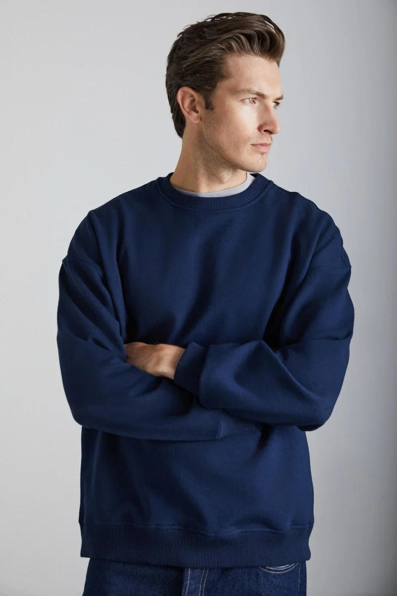 GRIMELANGE Tokyo Men's Fleece Inside Soft Back Label Detailed Crew Neck Oversize Navy Blue Sweatshirt