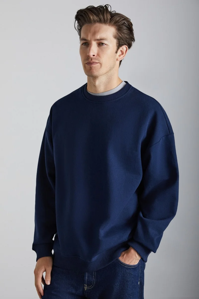 GRIMELANGE Tokyo Men's Fleece Inside Soft Back Label Detailed Crew Neck Oversize Navy Blue Sweatshirt