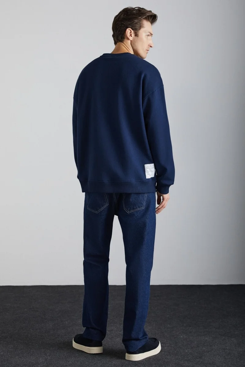 GRIMELANGE Tokyo Men's Fleece Inside Soft Back Label Detailed Crew Neck Oversize Navy Blue Sweatshirt