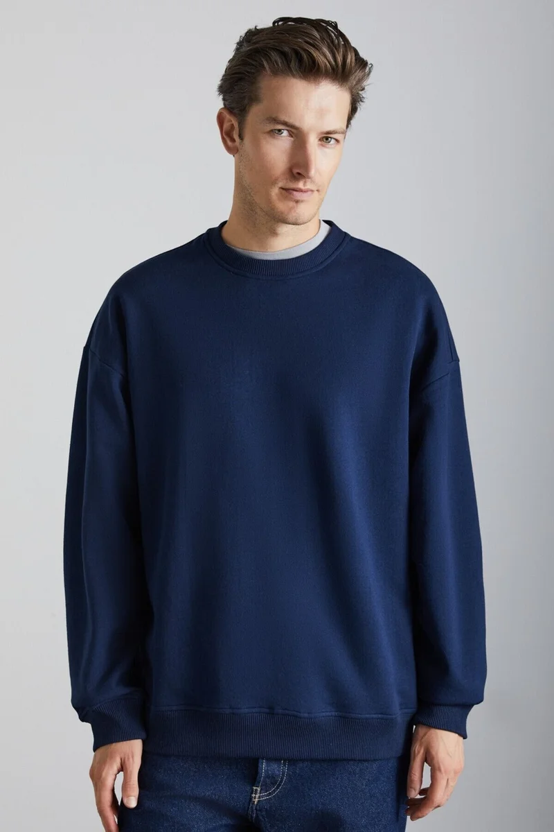 GRIMELANGE Tokyo Men's Fleece Inside Soft Back Label Detailed Crew Neck Oversize Navy Blue Sweatshirt