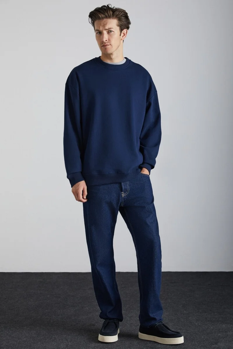 GRIMELANGE Tokyo Men's Fleece Inside Soft Back Label Detailed Crew Neck Oversize Navy Blue Sweatshirt