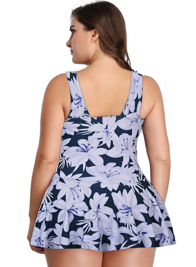 Womens Floral Printed 2 Peice Set Swimsuits Tummy Control V-Neck Wide Straps Swim Dress And Boxer Brief Swimwear Bathing Suits White Mix  - Image 3