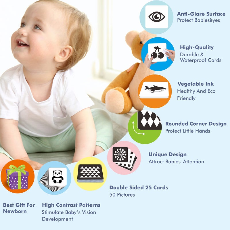SpriteGru 50 Pages Visual Stimulation Flashcards, 25 PCS Black and White Baby Visual Stimulus Cards Sensory Developmental Black White Card Set for Newborn Baby 0-3 Months (5.5” X 5.5”) - Image 5