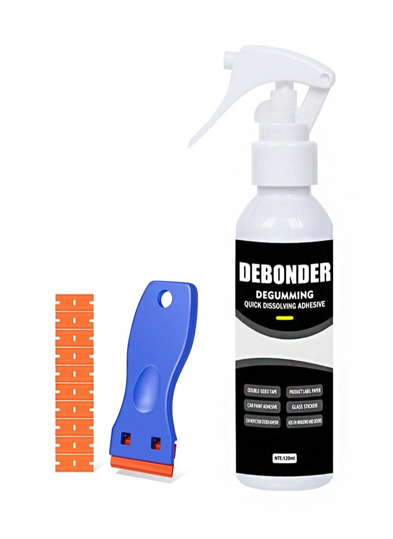 Apustim Debonder Degumming Quick Dissolving Adhesive，Glue Off Adhesive Remover with Scraper & Plastic Razor，Glue Remover Spray Effortlessly Erase Adhesive Hassles & Car Stickers，for Label Sticker Residue（120ml）  - Image 1