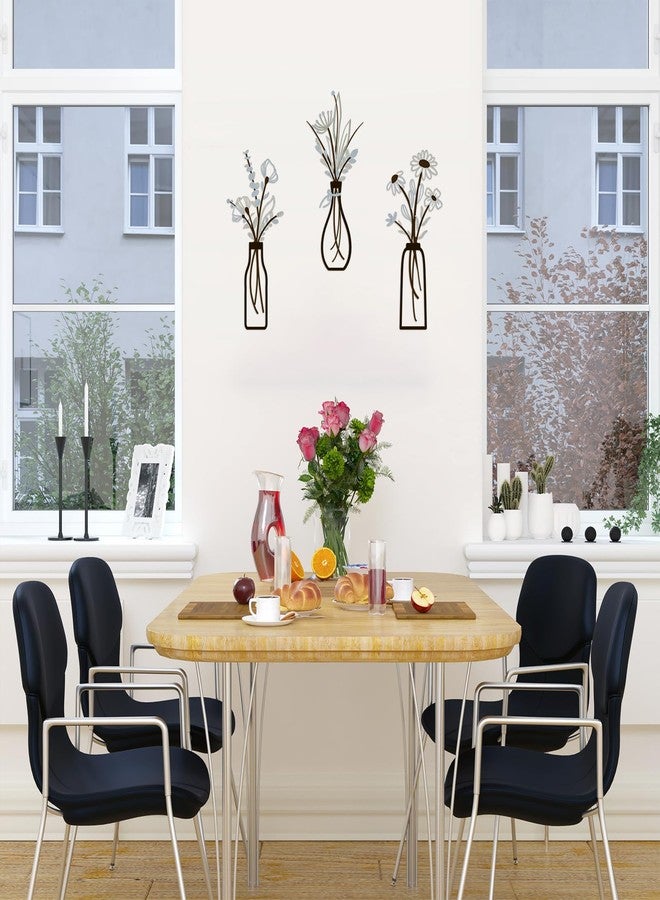 Pigort 3 Pieces Metal Vase Flowers Wall Arts - Rustic Farmhouse Style Décor Metal Wall Art Black Minimalist Flower Natural Themed Wall Decors for Home Bedroom Dining Room Housewarming (Brown-Blue, Vase-C) - Image 3