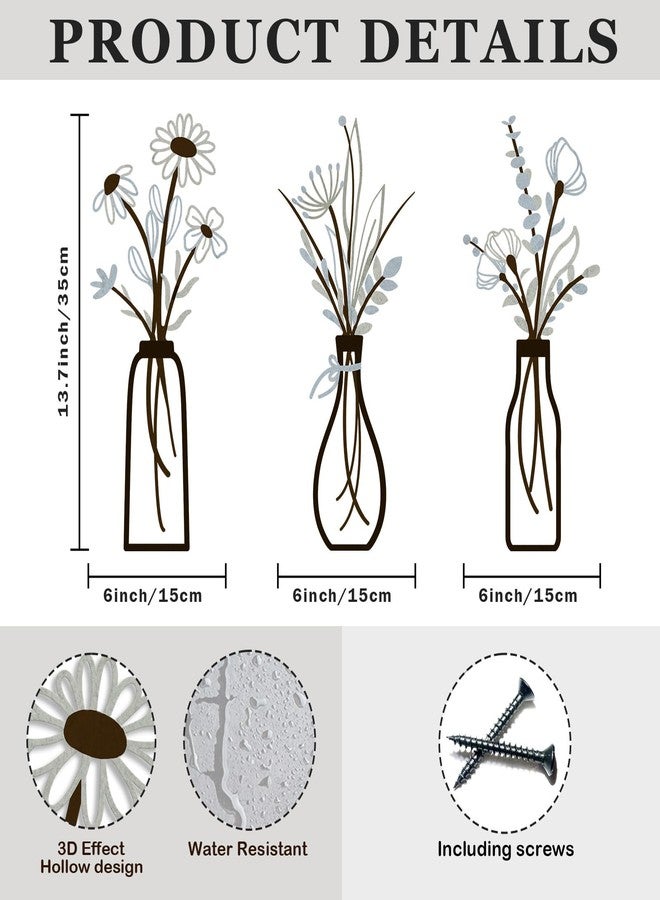Pigort 3 Pieces Metal Vase Flowers Wall Arts - Rustic Farmhouse Style Décor Metal Wall Art Black Minimalist Flower Natural Themed Wall Decors for Home Bedroom Dining Room Housewarming (Brown-Blue, Vase-C) - Image 2