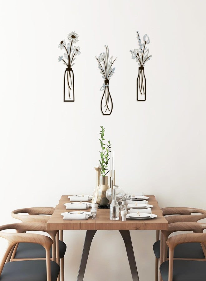 Pigort 3 Pieces Metal Vase Flowers Wall Arts - Rustic Farmhouse Style Décor Metal Wall Art Black Minimalist Flower Natural Themed Wall Decors for Home Bedroom Dining Room Housewarming (Brown-Blue, Vase-C) - Image 4