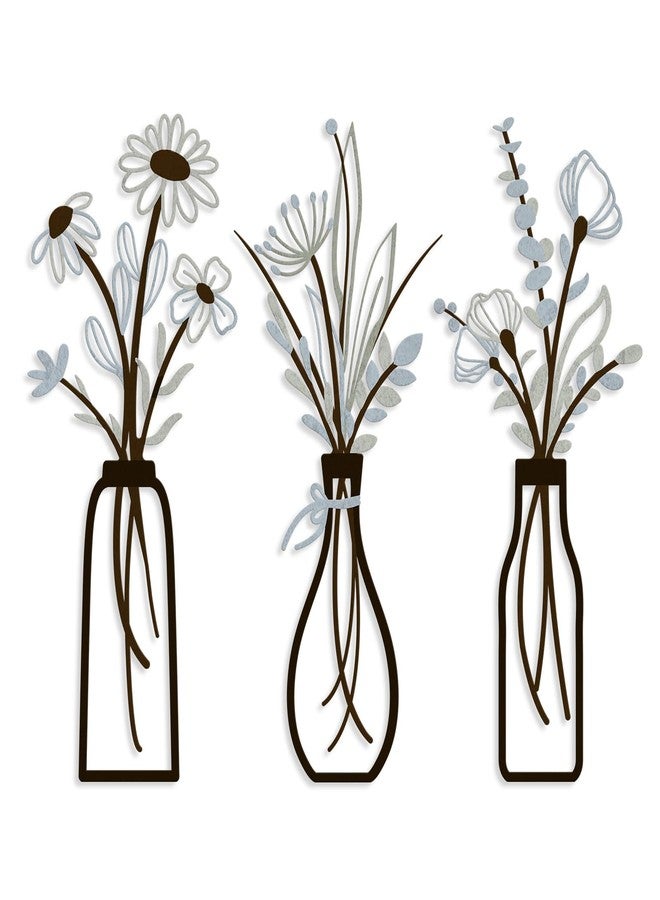 Pigort 3 Pieces Metal Vase Flowers Wall Arts - Rustic Farmhouse Style Décor Metal Wall Art Black Minimalist Flower Natural Themed Wall Decors for Home Bedroom Dining Room Housewarming (Brown-Blue, Vase-C) - Image 1