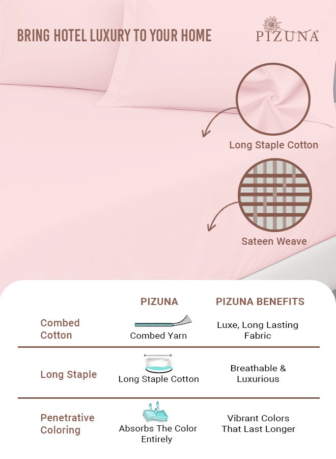 Pizuna Pure 100% Cotton Twin Fitted Bed Sheet 120x200 cm Light Pink, 400 Thread Count Cool Luxury Soft Long Staple Cotton Sateen Weave, Deep Pocket Bedsheet Fits 40cm (Fitted Sheet -1PC) - Image 2