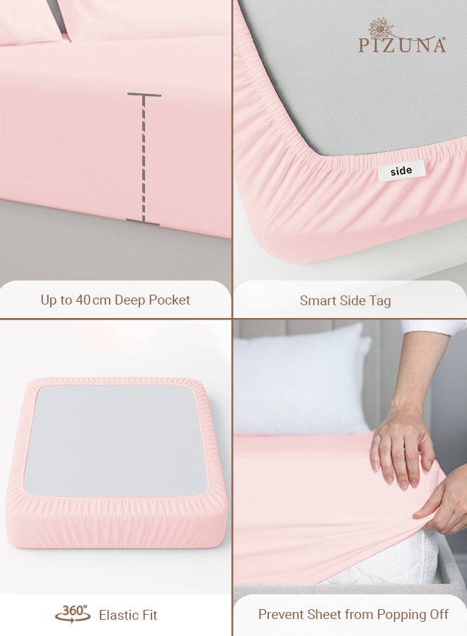 Pizuna Pure 100% Cotton Twin Fitted Bed Sheet 120x200 cm Light Pink, 400 Thread Count Cool Luxury Soft Long Staple Cotton Sateen Weave, Deep Pocket Bedsheet Fits 40cm (Fitted Sheet -1PC) - Image 4
