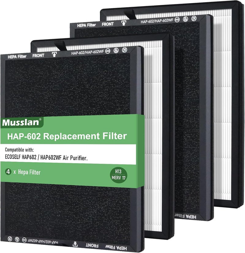 Musslan 4 Pack HAP602 Replacement Filter for HAP602/HAP602WF ecoself air purifier filter, 3-Stage Filtration H13 True HEPA Filter, Efficient Particle Capture, 4-Pack - Image 1