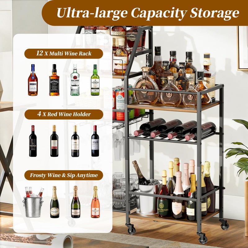 VINAEMO Rolling Bar Cart with Wine Glass Holder, Bar Carts for The Home, Bar Stand for Home, Small Mini Bar for Whiskey Wine, Liquor Cart for Home Bar, Alcohol Cabinet for Bar, Kitchen, Dining Room - Image 3