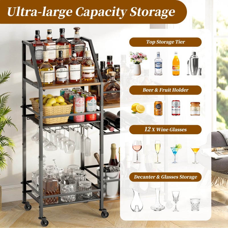 VINAEMO Rolling Bar Cart with Wine Glass Holder, Bar Carts for The Home, Bar Stand for Home, Small Mini Bar for Whiskey Wine, Liquor Cart for Home Bar, Alcohol Cabinet for Bar, Kitchen, Dining Room - Image 2