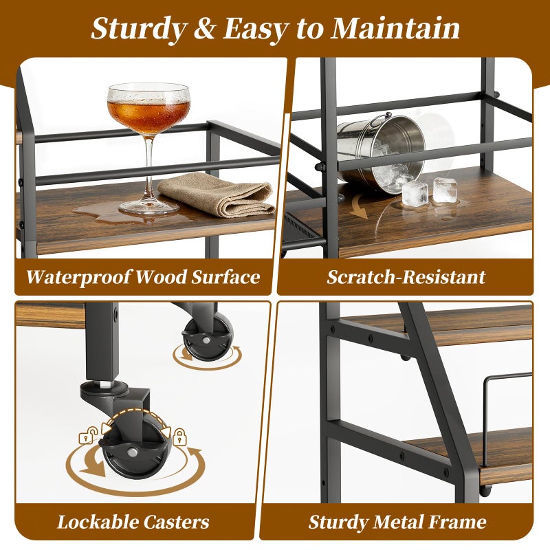 VINAEMO Rolling Bar Cart with Wine Glass Holder, Bar Carts for The Home, Bar Stand for Home, Small Mini Bar for Whiskey Wine, Liquor Cart for Home Bar, Alcohol Cabinet for Bar, Kitchen, Dining Room - Image 5