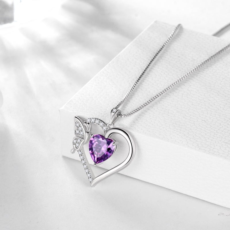 Juwaliy Purple Heart Necklace Butterfly February Birthstone Necklace Amethyst CZ 925 Sterling Silver Pendant Jewelry Women Birthday Valentine's Day Gift - Image 5