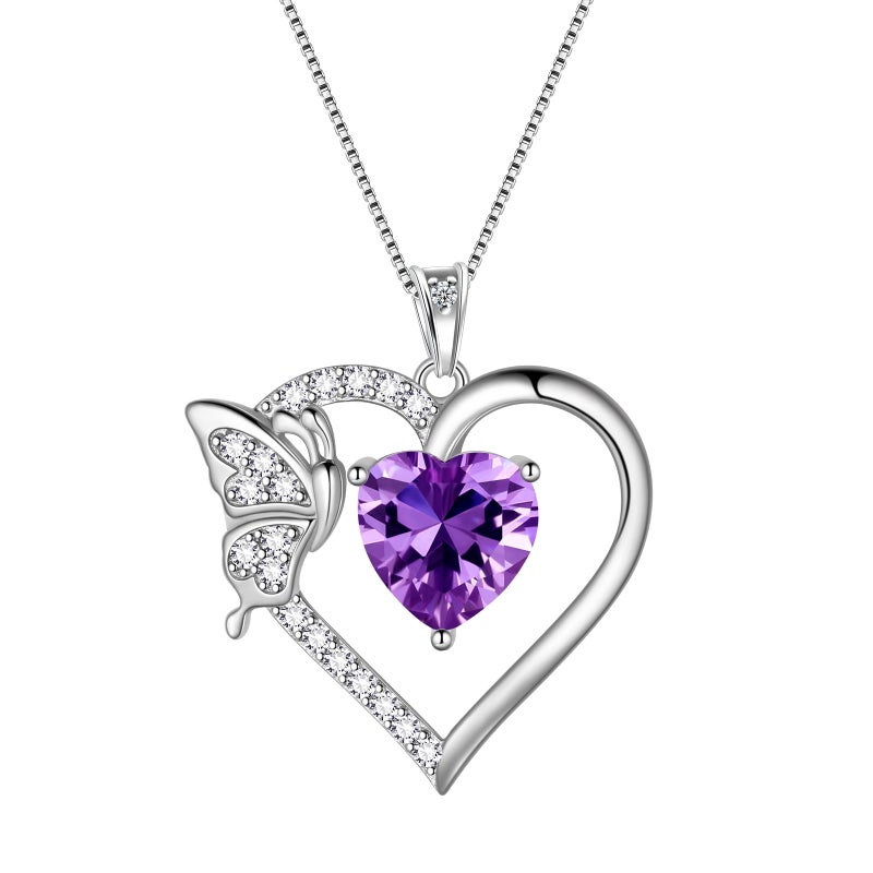 Juwaliy Purple Heart Necklace Butterfly February Birthstone Necklace Amethyst CZ 925 Sterling Silver Pendant Jewelry Women Birthday Valentine's Day Gift - Image 1