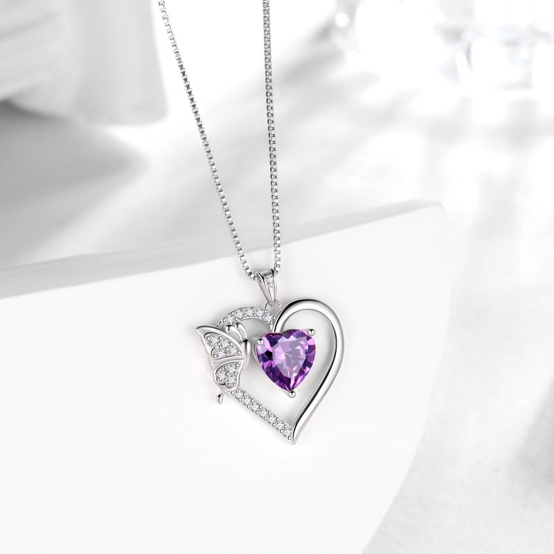 Juwaliy Purple Heart Necklace Butterfly February Birthstone Necklace Amethyst CZ 925 Sterling Silver Pendant Jewelry Women Birthday Valentine's Day Gift - Image 4