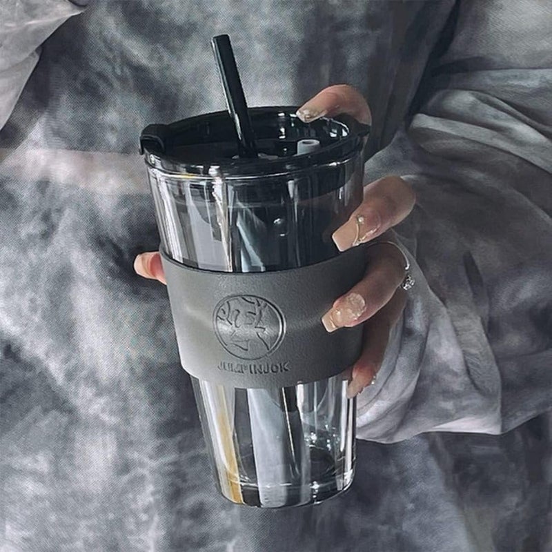 SHREE HANS CREATION Premium Glass Coffee Mug Sipper Tumbler with Leather Sleeve Straw and Lid for Coffee Tea Milk Juice Smoothies Cold Hot Drink Travel Cup Pcs1 450ML - Image 4