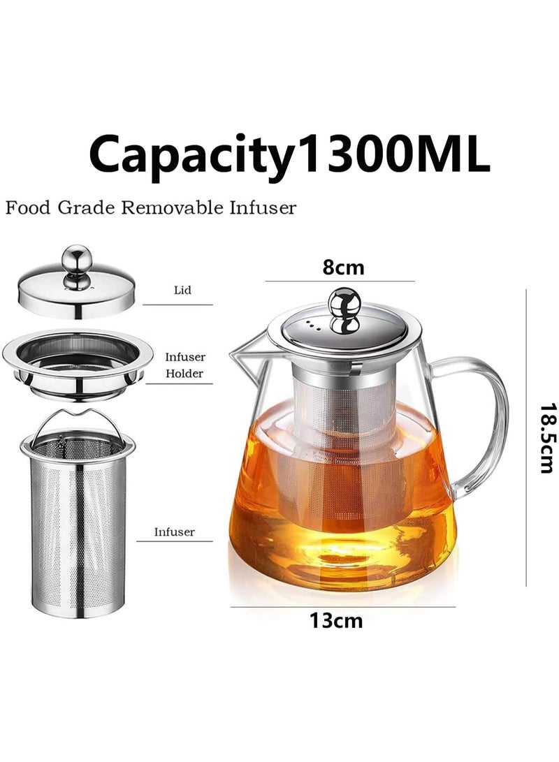 AUTOYSUR Round Glass Tea Pot, Borosilicate Glass Teapot, Loose Leaf Tea Kettle, 1300 ml Borosilicate Glass Heat Resistant Clear Leaf Teapot with Infuser Strainer for Microwavable and Stovetop Safe - Image 2