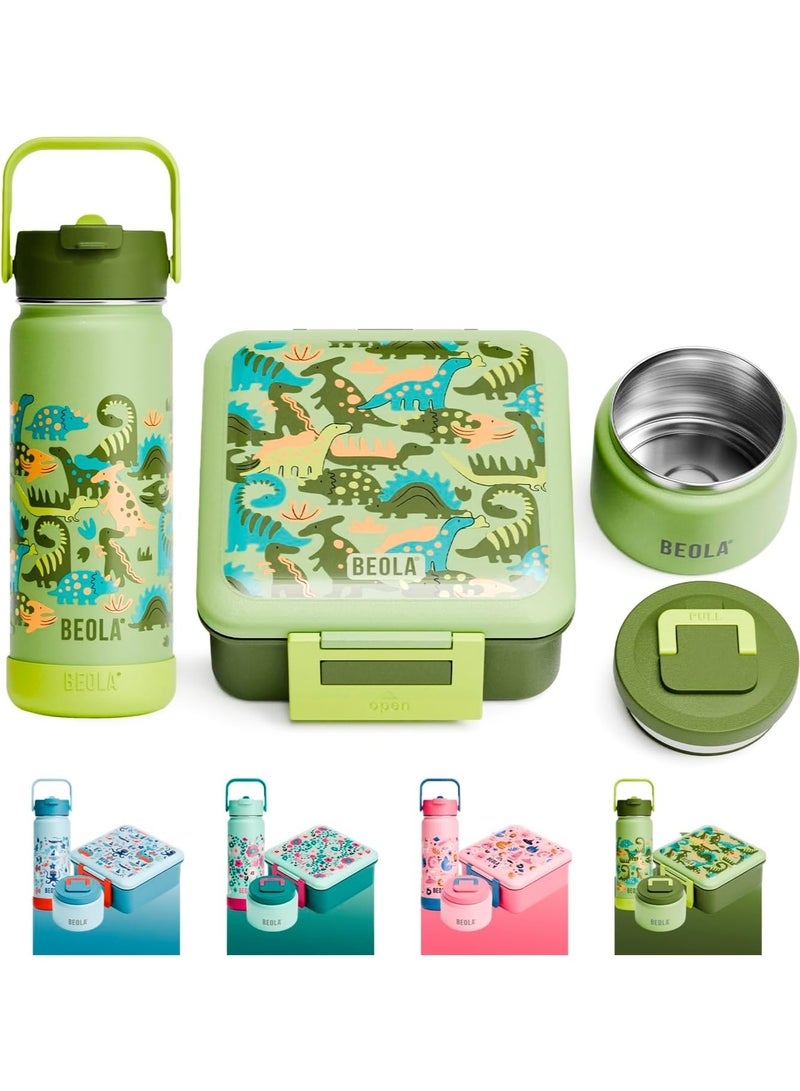 BEOLA SET of 2pcs, Lunch Box Kids School with Bottle, Bento Lunch Box for Kids with 8oz Insulated Thermos Food Jar and 550ml Insulated Water Bottle with Straw Lid, Bottle for Kids School (Dino Dreams) - Image 1