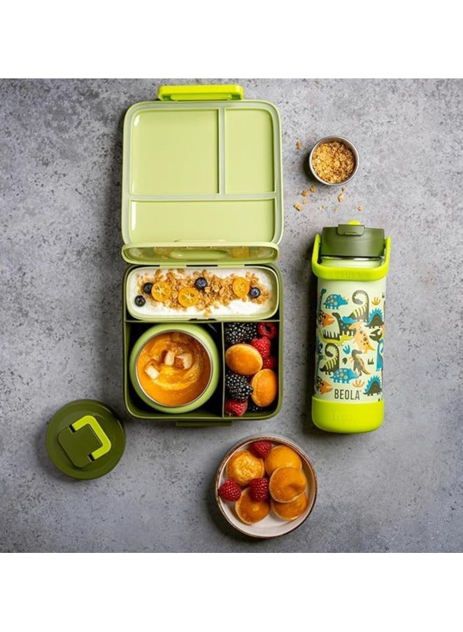 BEOLA SET of 2pcs, Lunch Box Kids School with Bottle, Bento Lunch Box for Kids with 8oz Insulated Thermos Food Jar and 550ml Insulated Water Bottle with Straw Lid, Bottle for Kids School (Dino Dreams) - Image 2
