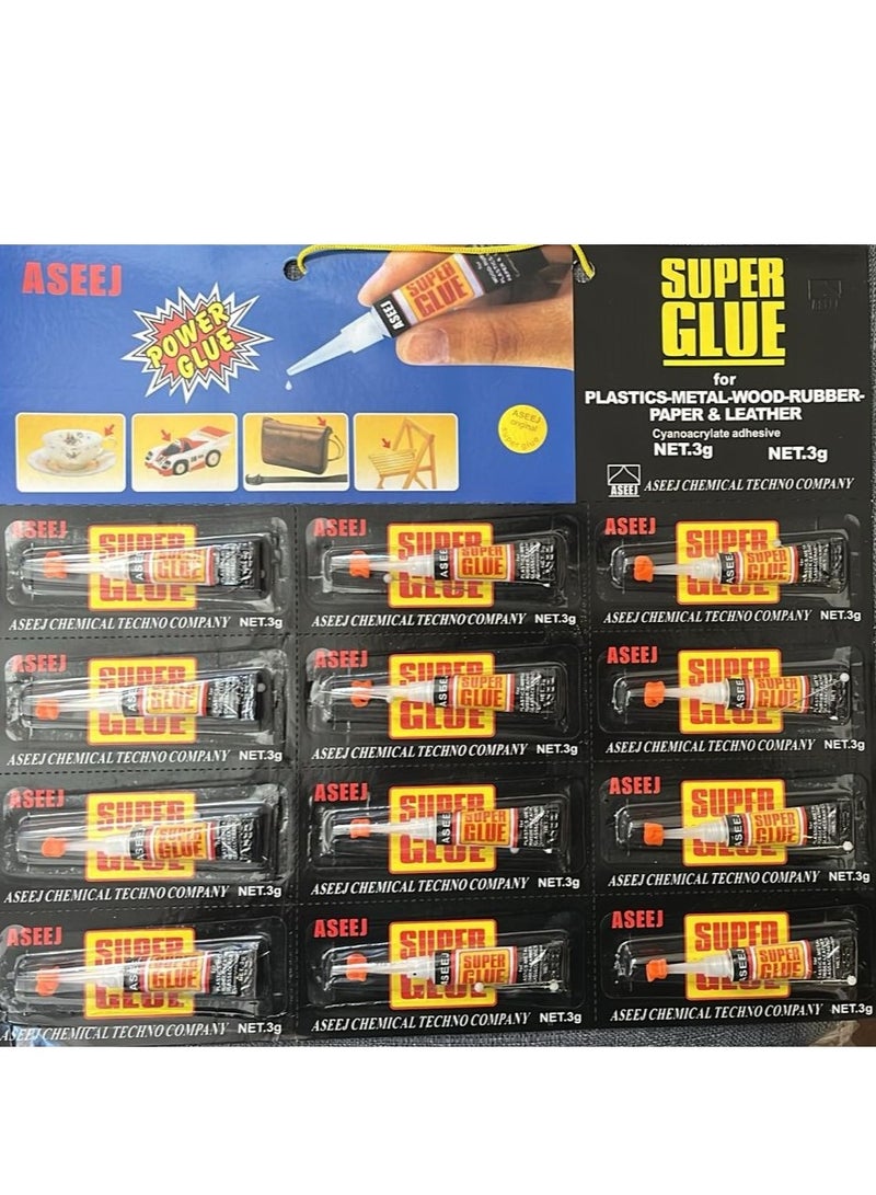 Super Glue Tube 12-Pack – Clear, Fast-Drying, Extra-Strong Adhesive for Plastic, Metal, Wood, Rubber, Paper & Leather
