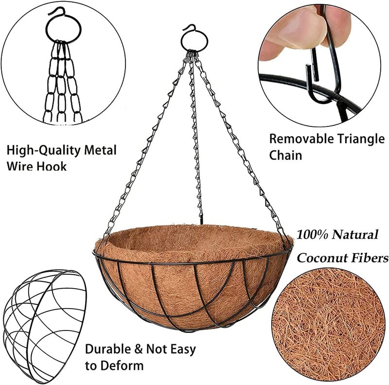 Bianco 10" Coir Hanging Basket/Coco Gardening Liner with Hanging Pots and Metal Hanging Chain/Hanging Planters- Set of 6 (Brown) - Image 2