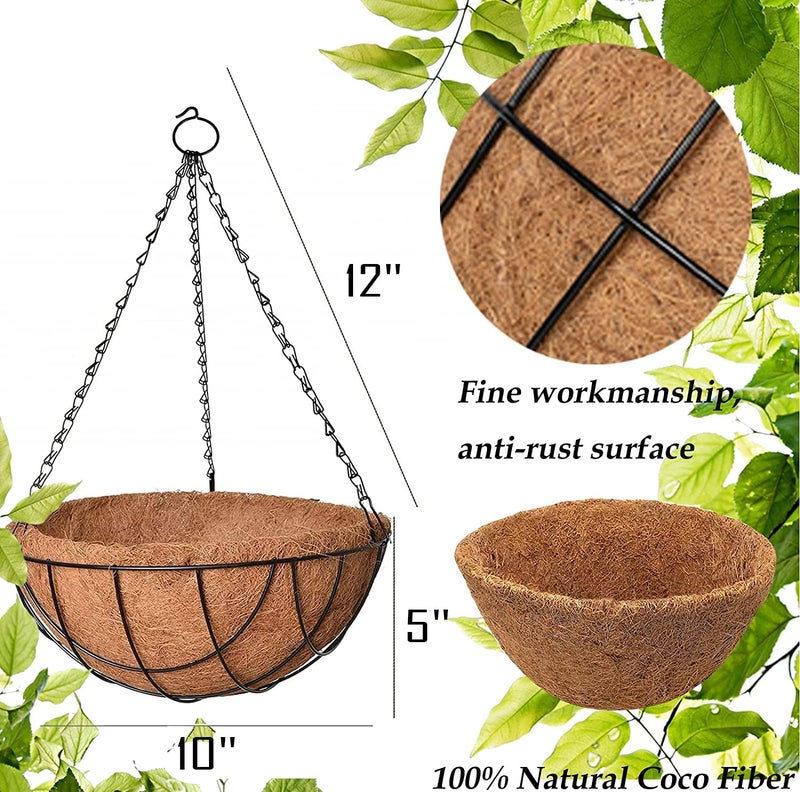 Bianco 10" Coir Hanging Basket/Coco Gardening Liner with Hanging Pots and Metal Hanging Chain/Hanging Planters- Set of 6 (Brown) - Image 3