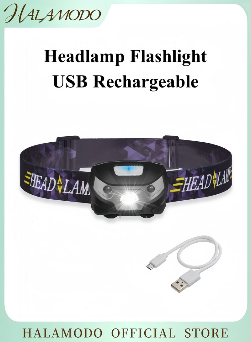 هالامودو مصباح رأس مع مصباح يدوي قابل للشحن عبر USB ضوء LED أبيض ساطع مع تأثير التوهج والإضاءة المنخفضة ووميض والتحريض المائي مصباح رأس مدمج وسهل الاستخدام للأنشطة الخارجية مع كابل بحجم 5.5×3.5 سم - Image 1